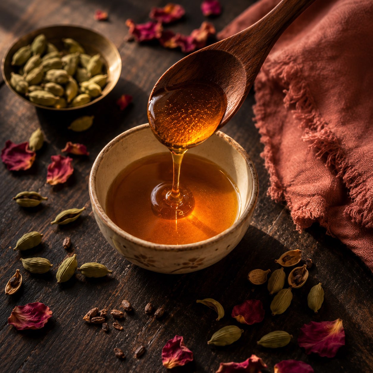 Raw honey dripping from a wooden spoon into a small ceramic bowl, cardamom pods around